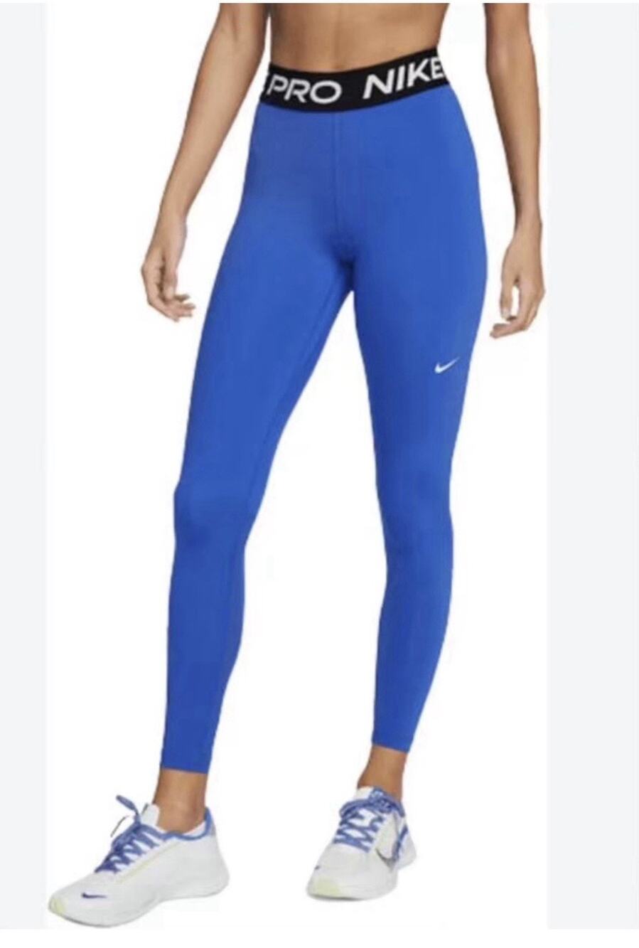 Nike Pro Women’s Blue Training Leggings Black Waistband White Logo Size M